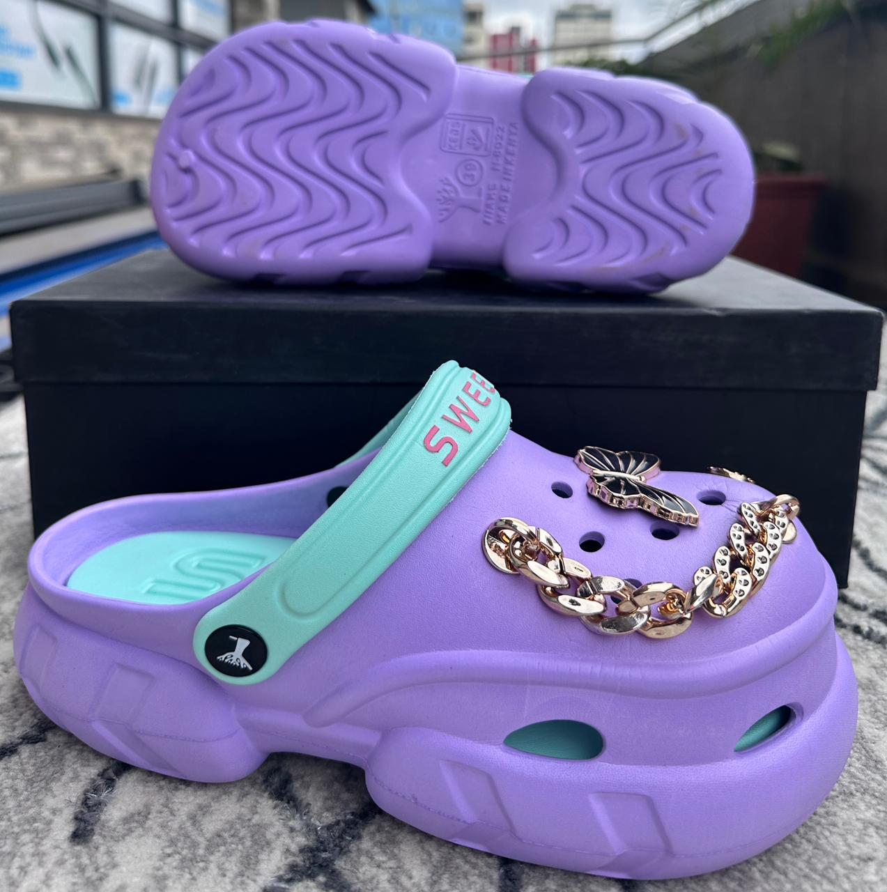 Image of Purple Gold Chain Platform Ladies Crocs