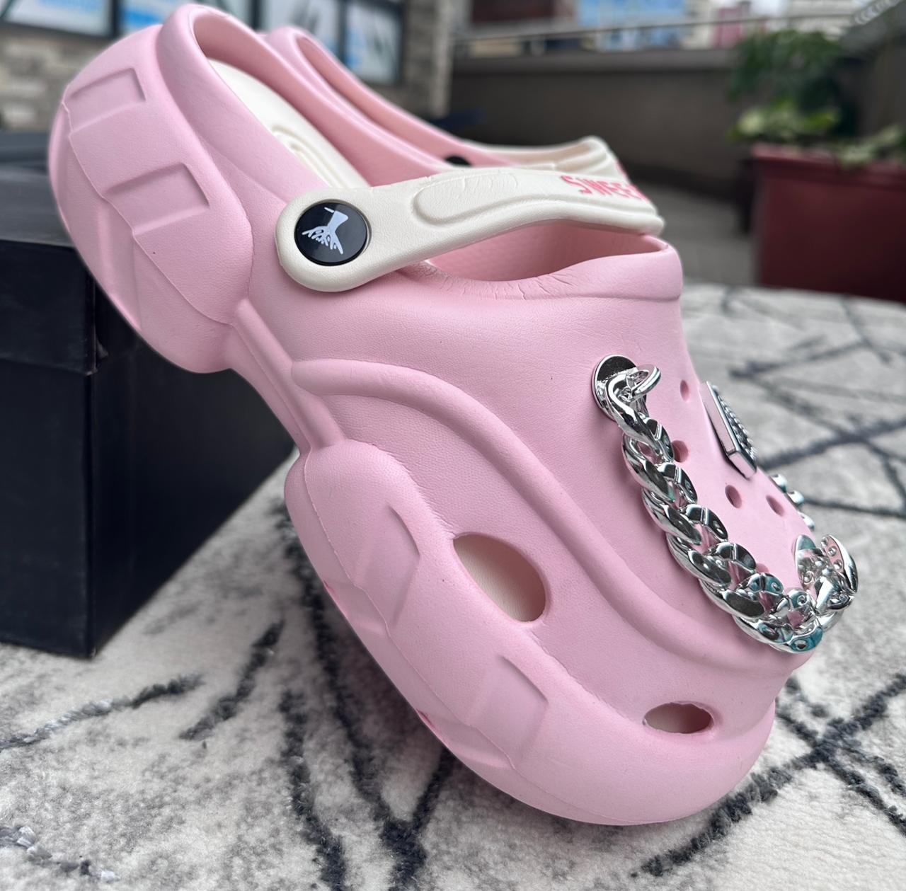 Image of Pink Chain Detail Platform Ladies Crocs