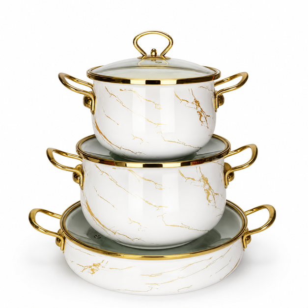 Image of Marble Enamel Cookware Set ( 6PCs Gold Handle Edition)