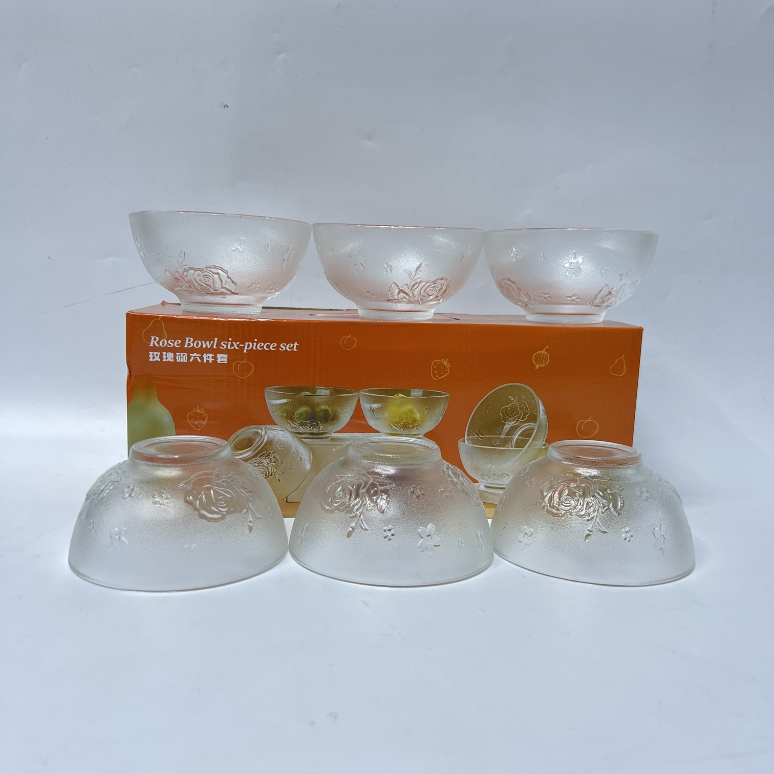 Image of Rose Bowl 6-Piece Set (H3218-6) – Frosted Floral Glass Dessert Bowls