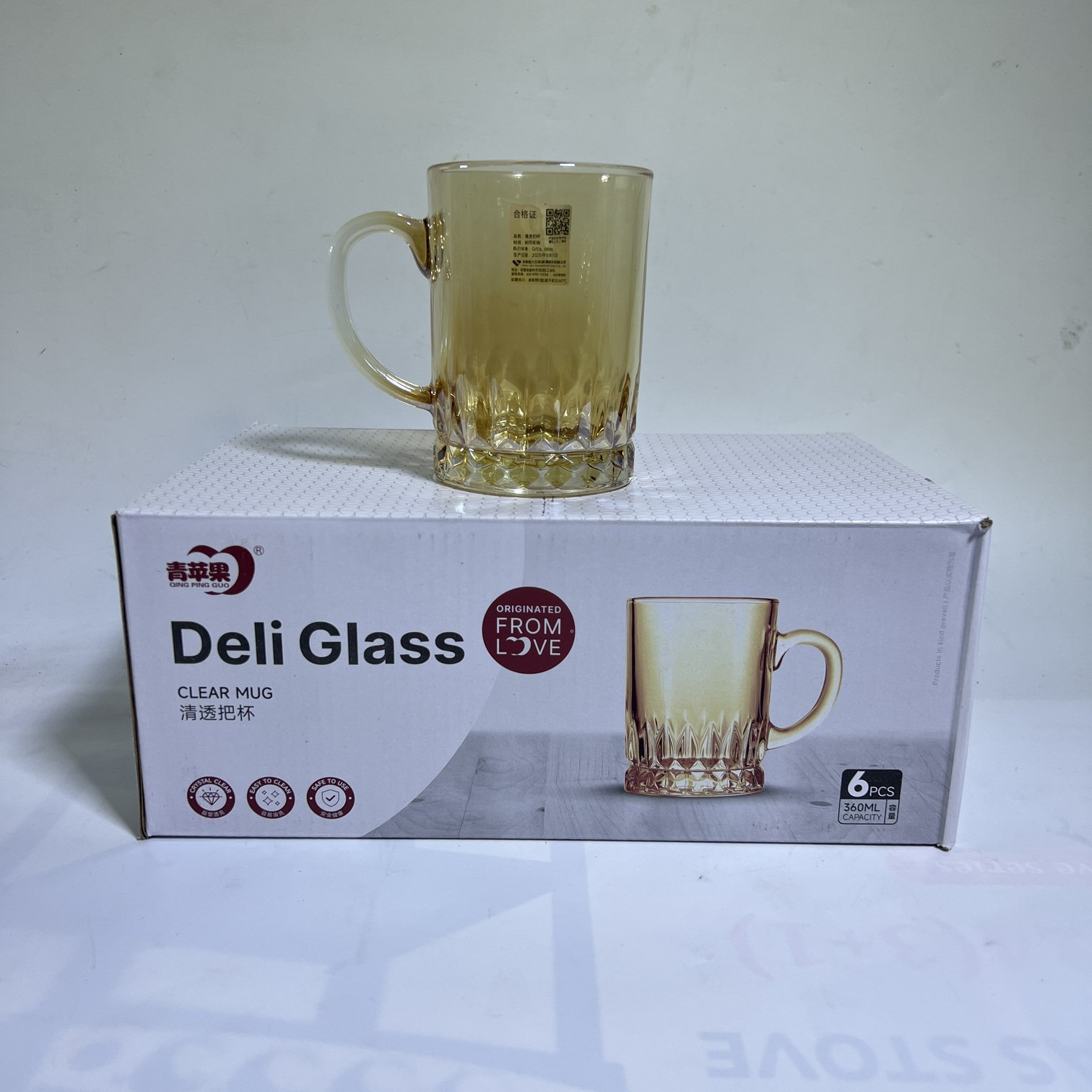 Image of Deli Glass Amber Vintage Embossed Mug Six-Piece Set 360ml (ZB441BHA)