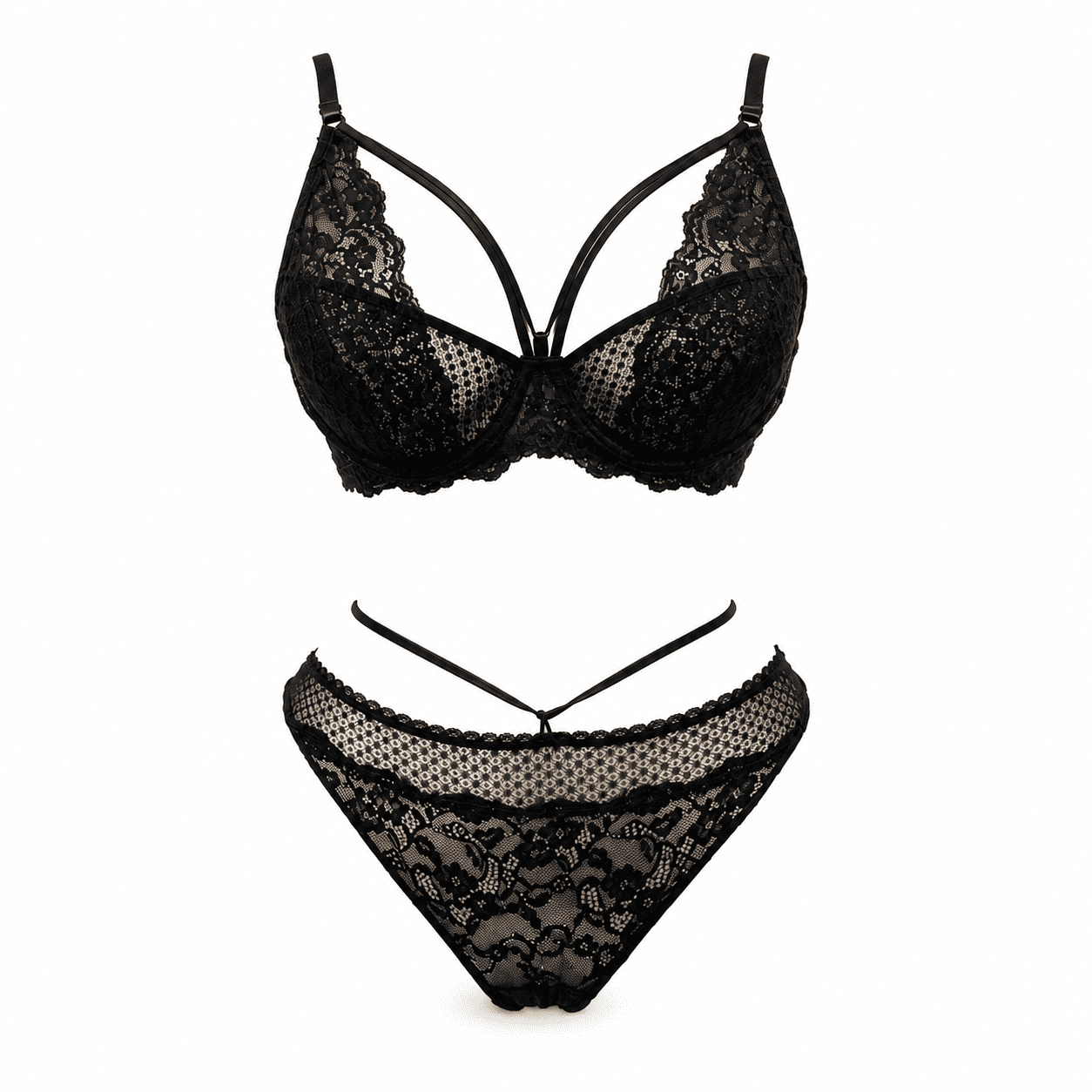 Image of Elegant Black Lace Strappy Bra & Panty Lingerie Set