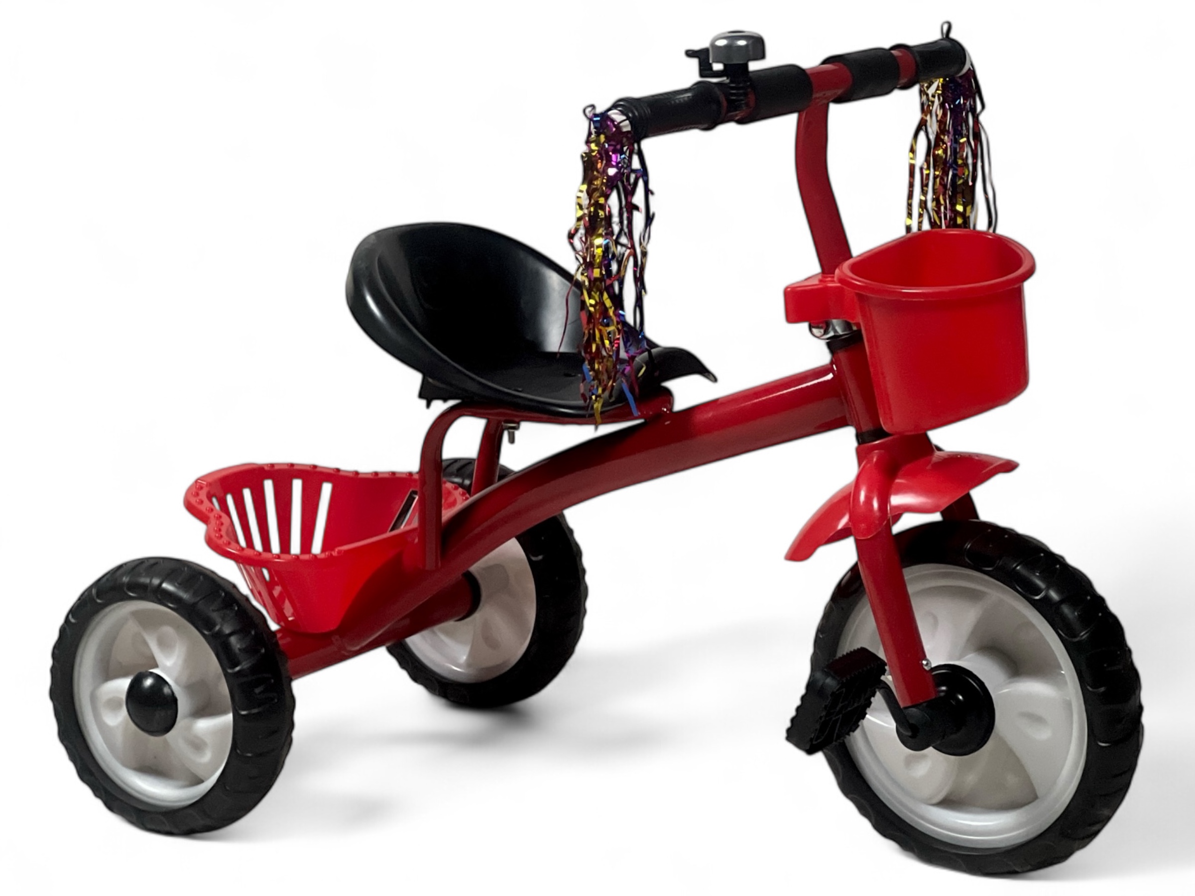 Image of Red & Black Toddler Tricycle with Parent Push Handle, Front Basket, Adjustable Seat, Safety,