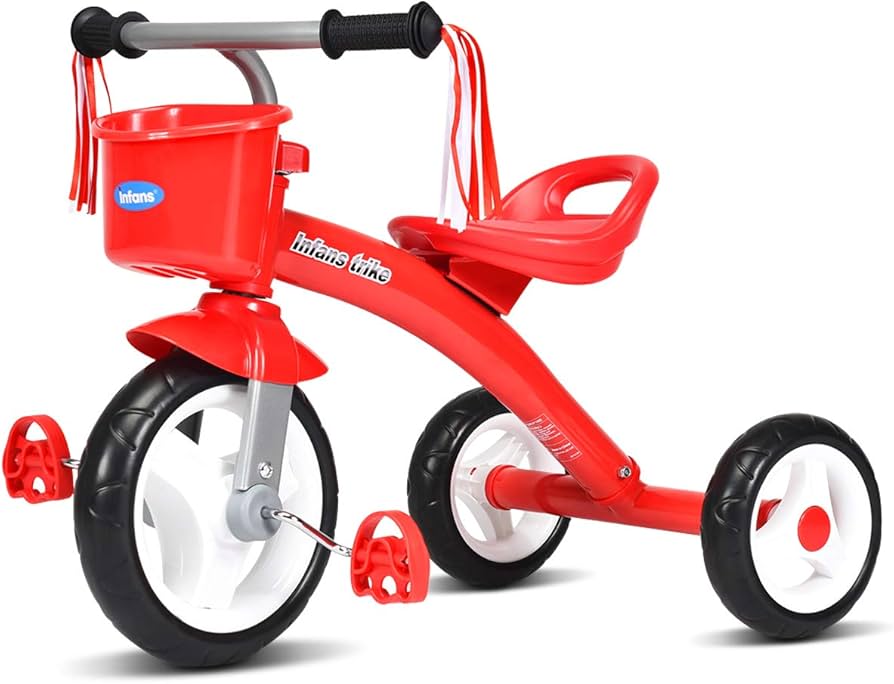 Image of Red & Black Toddler Tricycle with Parent Push Handle, Front Basket, Adjustable Seat, Safety,