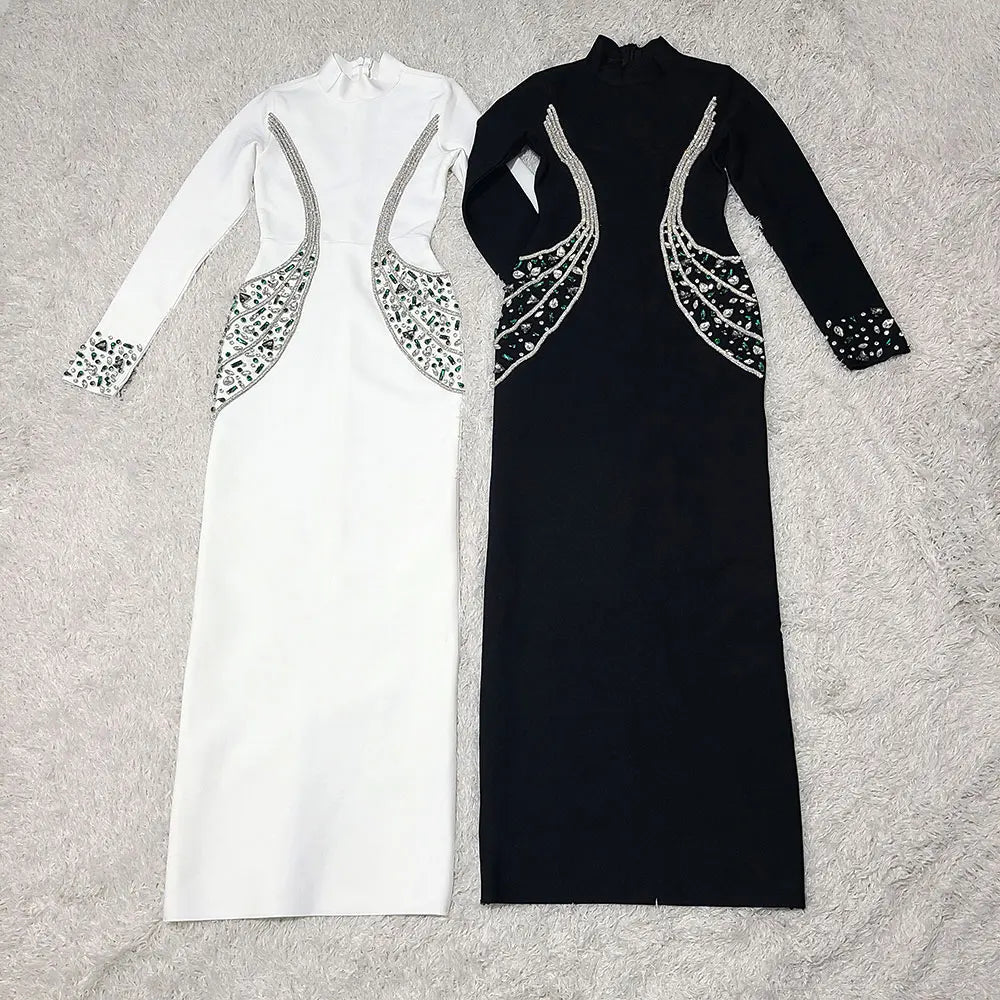 Image of 526 Jewel-Embellished Long Sleeve Hourglass Evening Gown – Elegant Maxi Dress