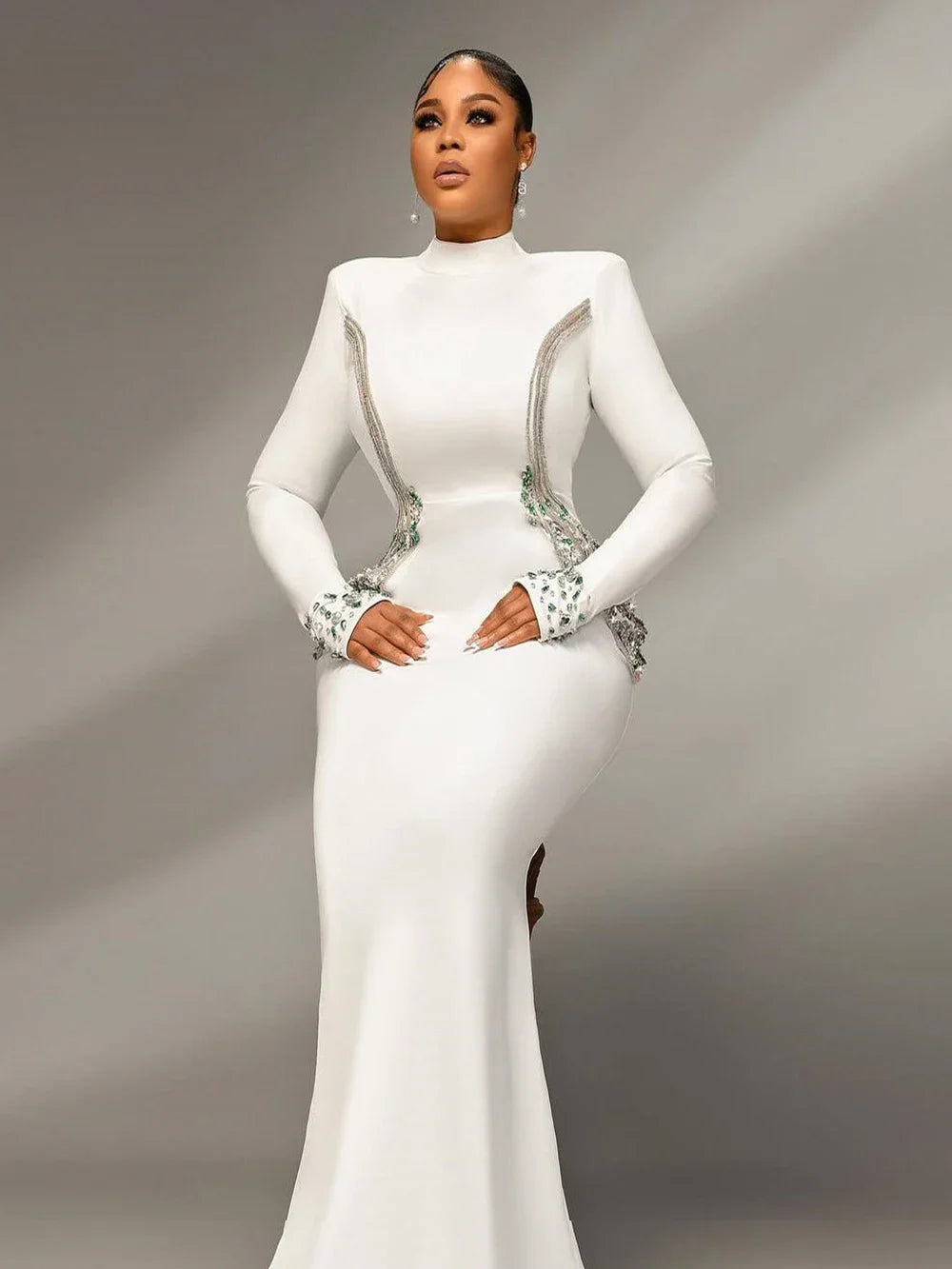 Image of 526 Jewel-Embellished Long Sleeve Hourglass Evening Gown – Elegant Maxi Dress