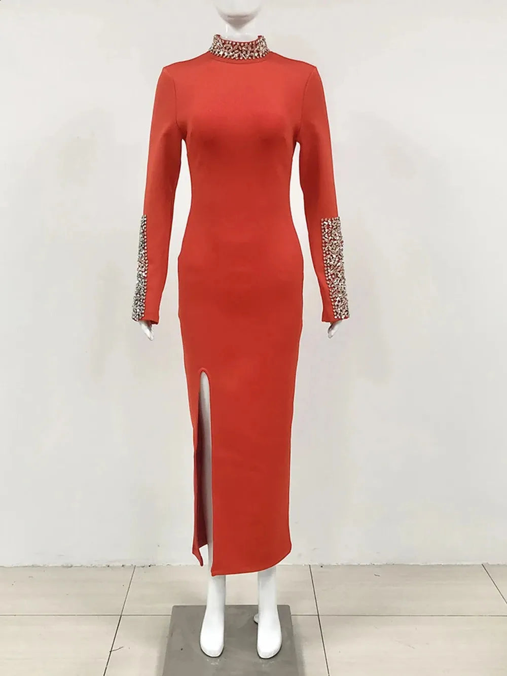 Image of 521 Jeweled High-Neck Long Sleeve Evening Gown – Elegant Maxi Dress
