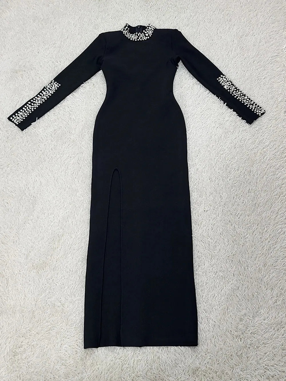 Image of 521 Jeweled High-Neck Long Sleeve Evening Gown – Elegant Maxi Dress