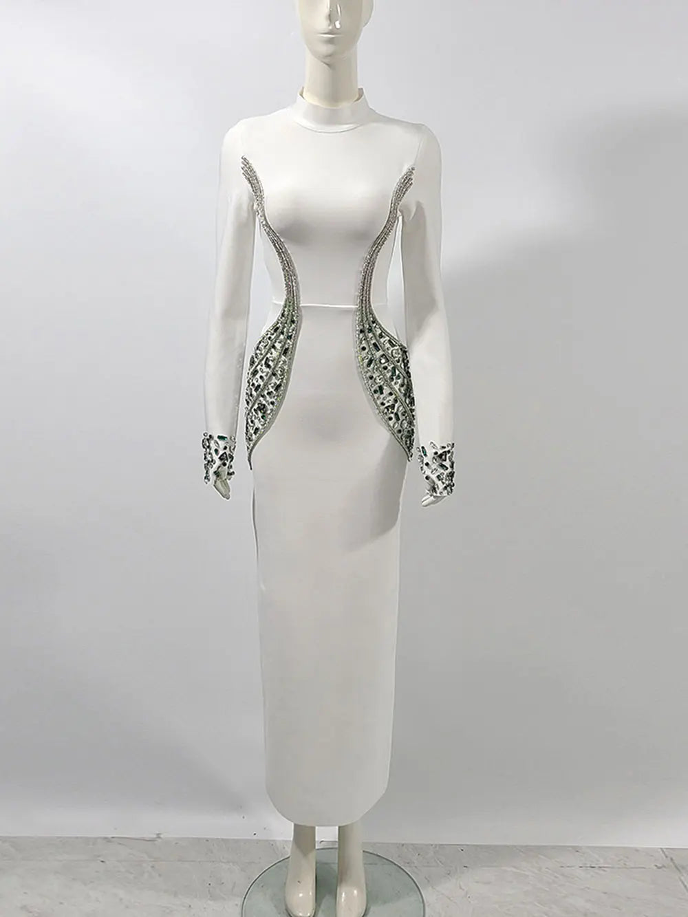 Image of 526 Jewel-Embellished Long Sleeve Hourglass Evening Gown – Elegant Maxi Dress