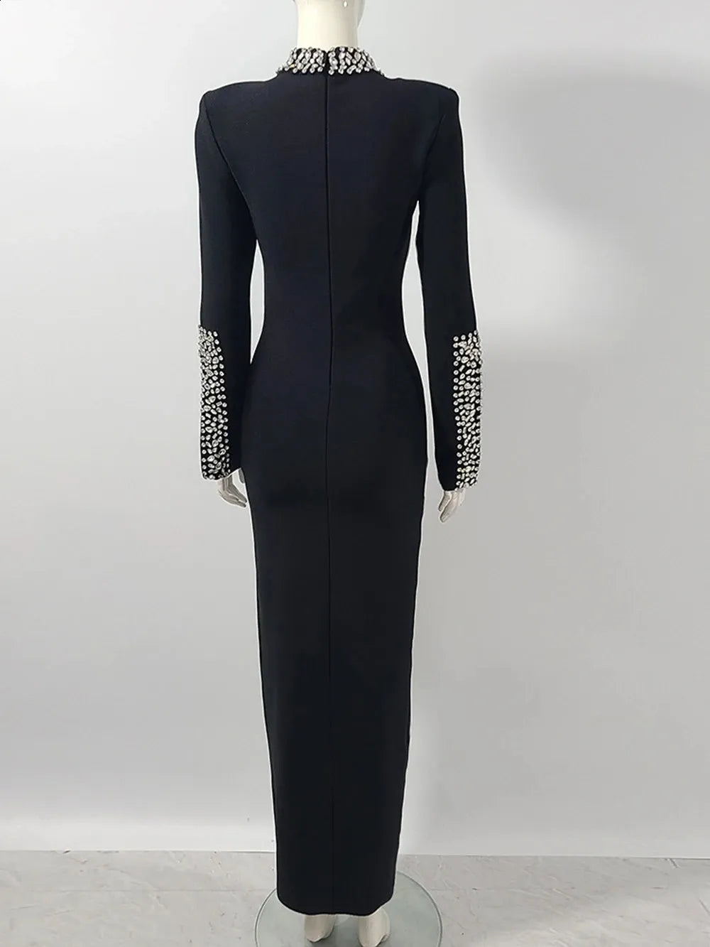 Image of 521 Jeweled High-Neck Long Sleeve Evening Gown – Elegant Maxi Dress