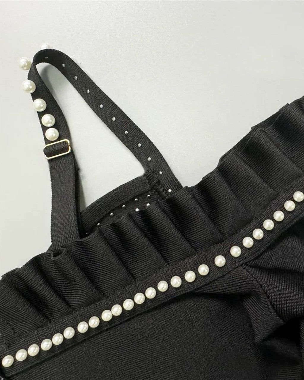 Image of 527 Black Pearl Embellished Cold Shoulder Bandage Gown