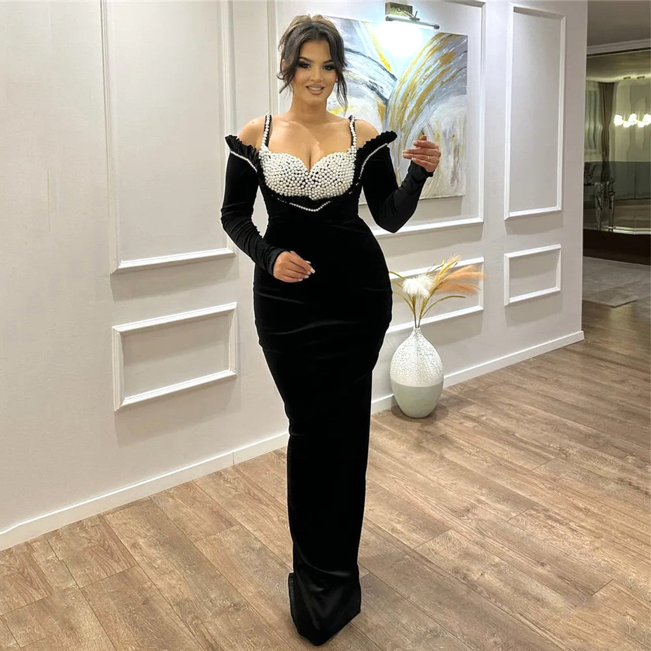 Image of 527 Black Pearl Embellished Cold Shoulder Bandage Gown
