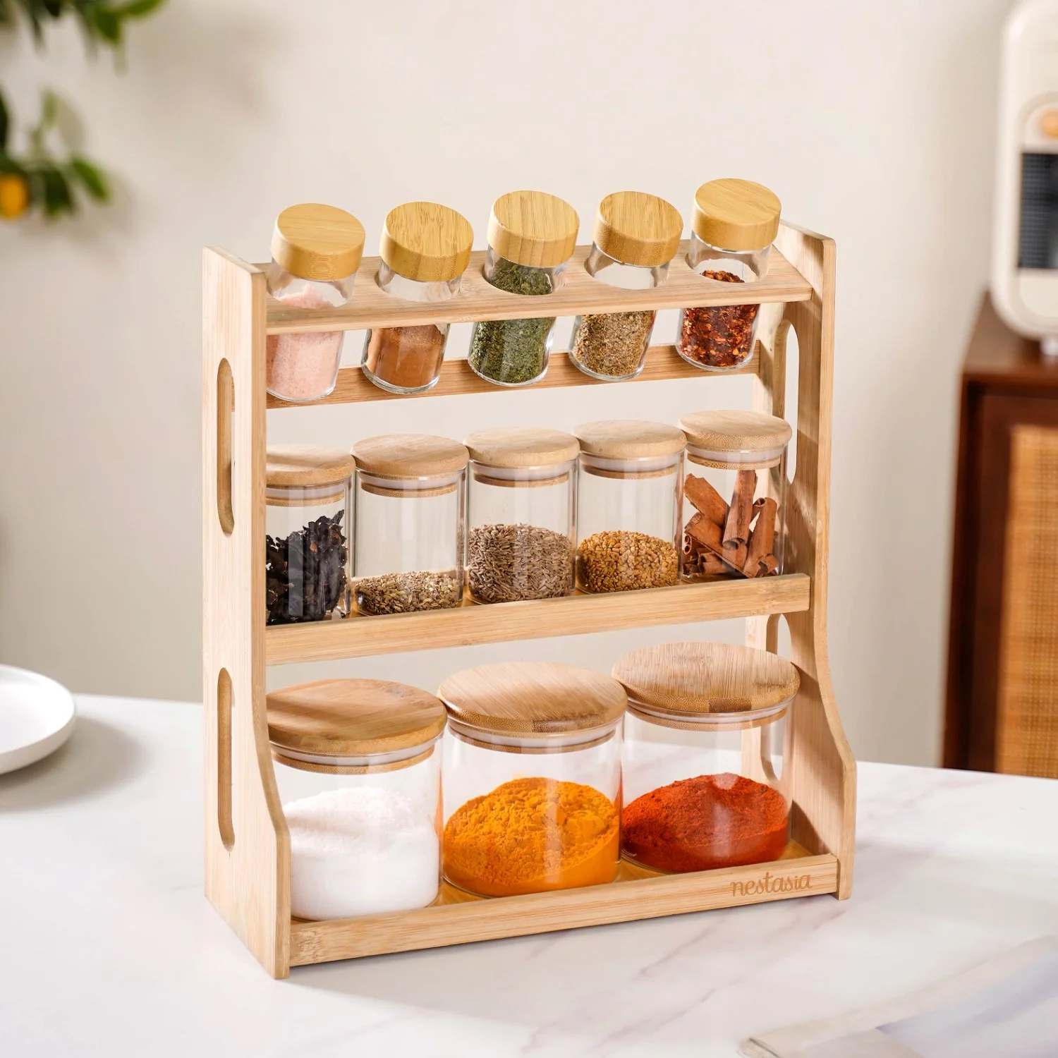 Image of 4-Piece Glass Spice Jar Set with Wooden Stand