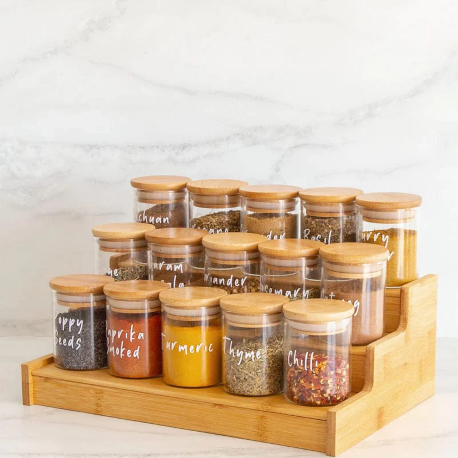 Image of 4-Piece Glass Spice Jar Set with Wooden Stand