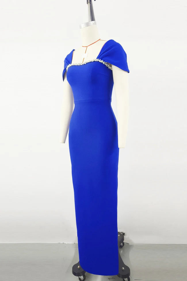 Image of 544 Square Neck Crystal Trim Maxi Evening Gown – Elegant Cap Sleeve Dress