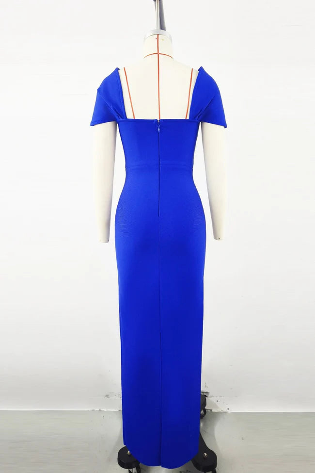 Image of 544 Square Neck Crystal Trim Maxi Evening Gown – Elegant Cap Sleeve Dress
