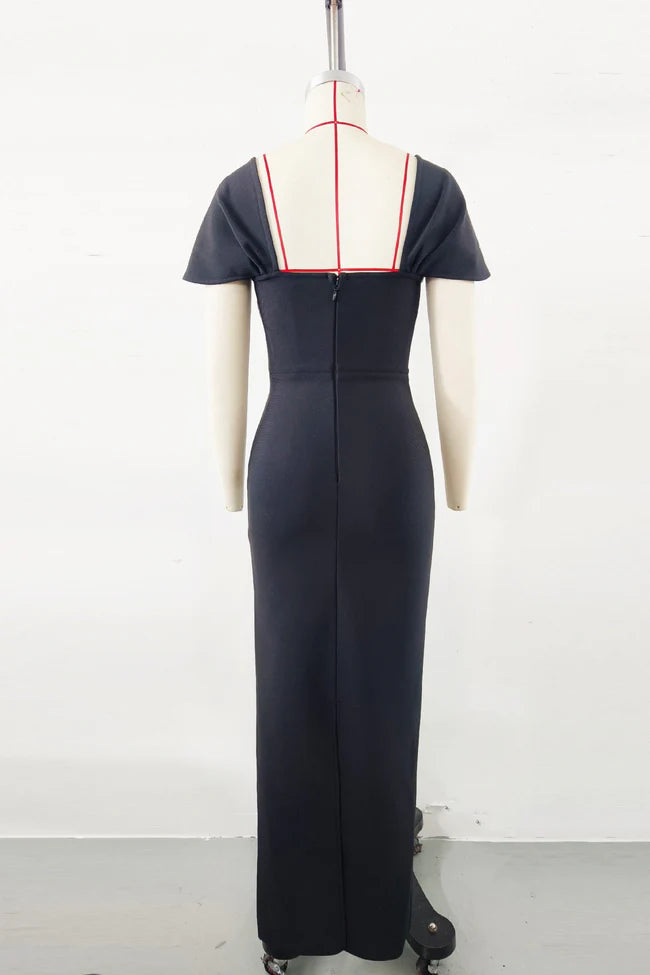 Image of 544 Square Neck Crystal Trim Maxi Evening Gown – Elegant Cap Sleeve Dress