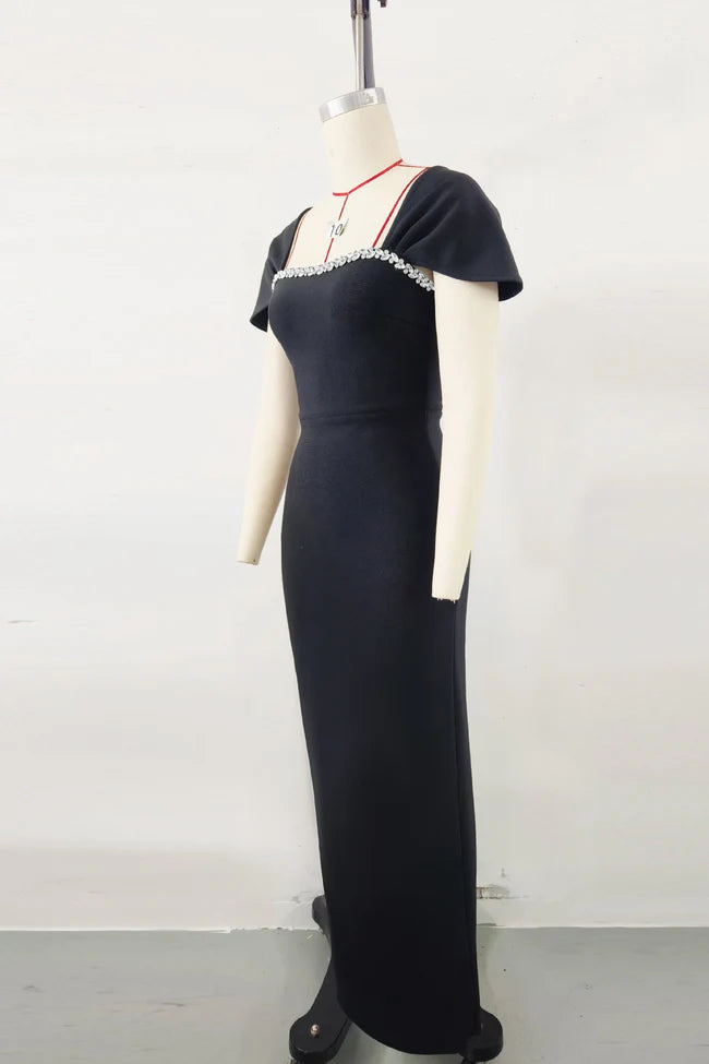 Image of 544 Square Neck Crystal Trim Maxi Evening Gown – Elegant Cap Sleeve Dress