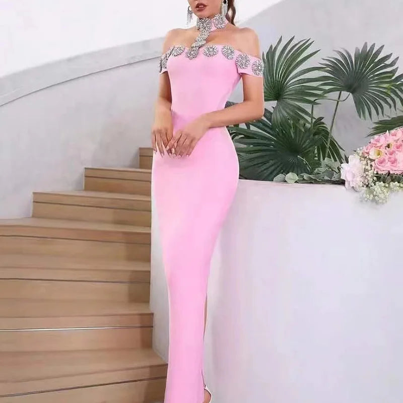 Image of 466 Cold-Shoulder Jewel Trim Maxi Dress