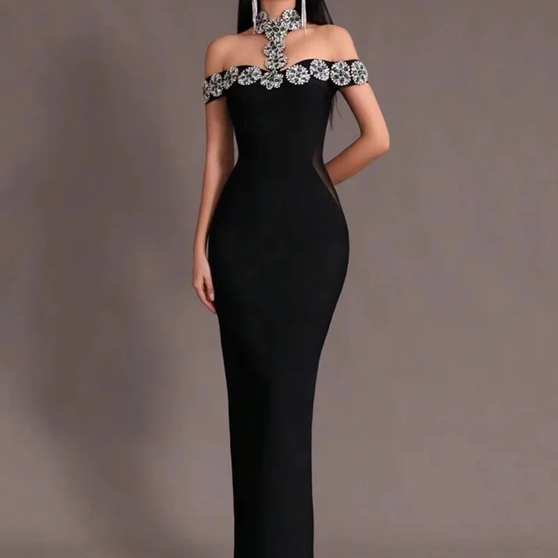 Image of 466 Cold-Shoulder Jewel Trim Maxi Dress