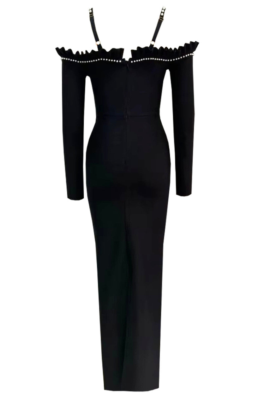 Image of 527 Black Pearl Embellished Cold Shoulder Bandage Gown