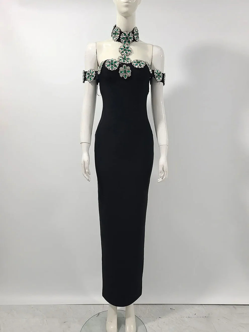 Image of 466 Cold-Shoulder Jewel Trim Maxi Dress