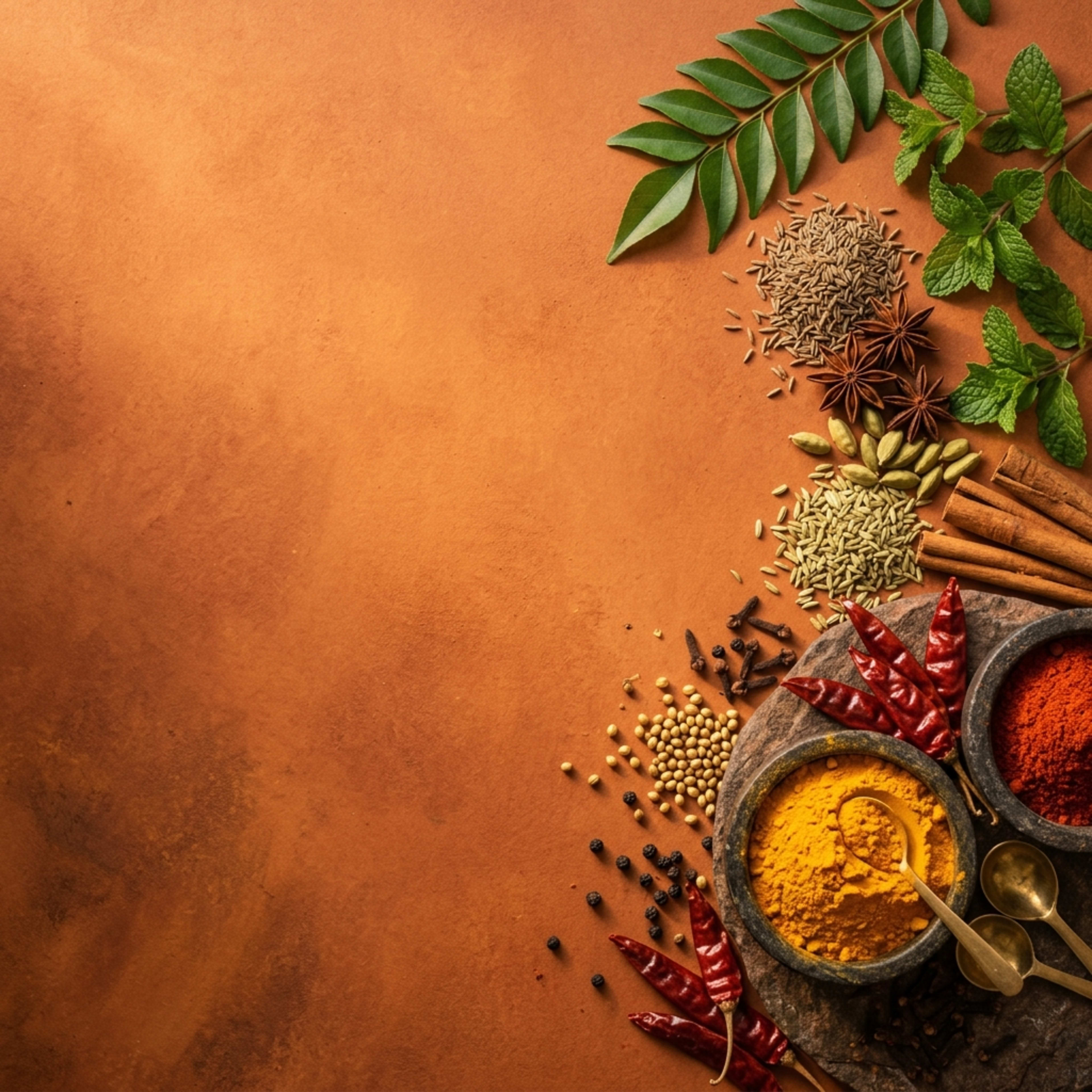Authentic Indian Spices - Turmeric, Chilli, Whole Spices, Fresh Leaves