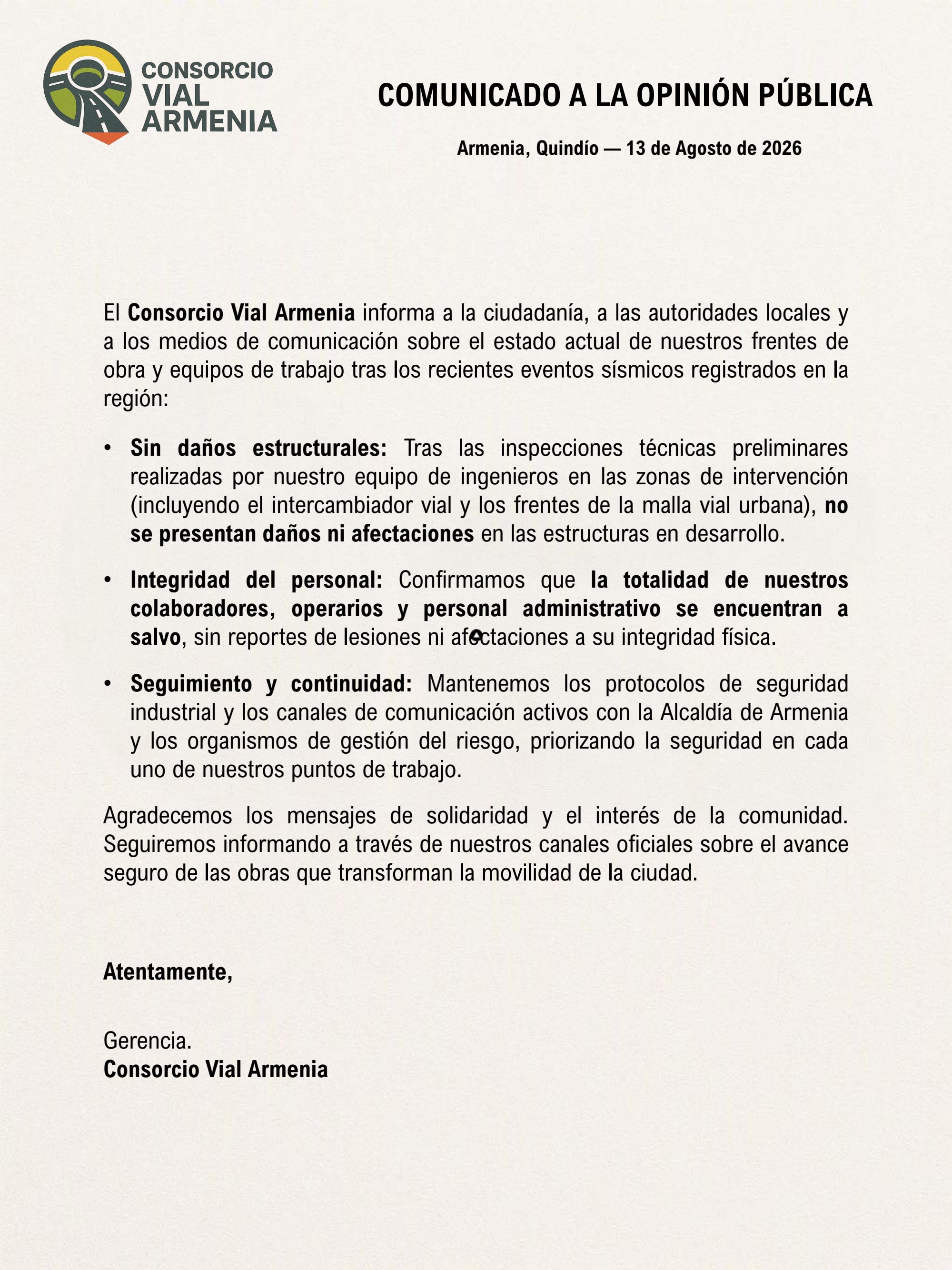 Comunicado Oficial: Estado de nuestros frentes de obra tras recientes eventos sísmicos
