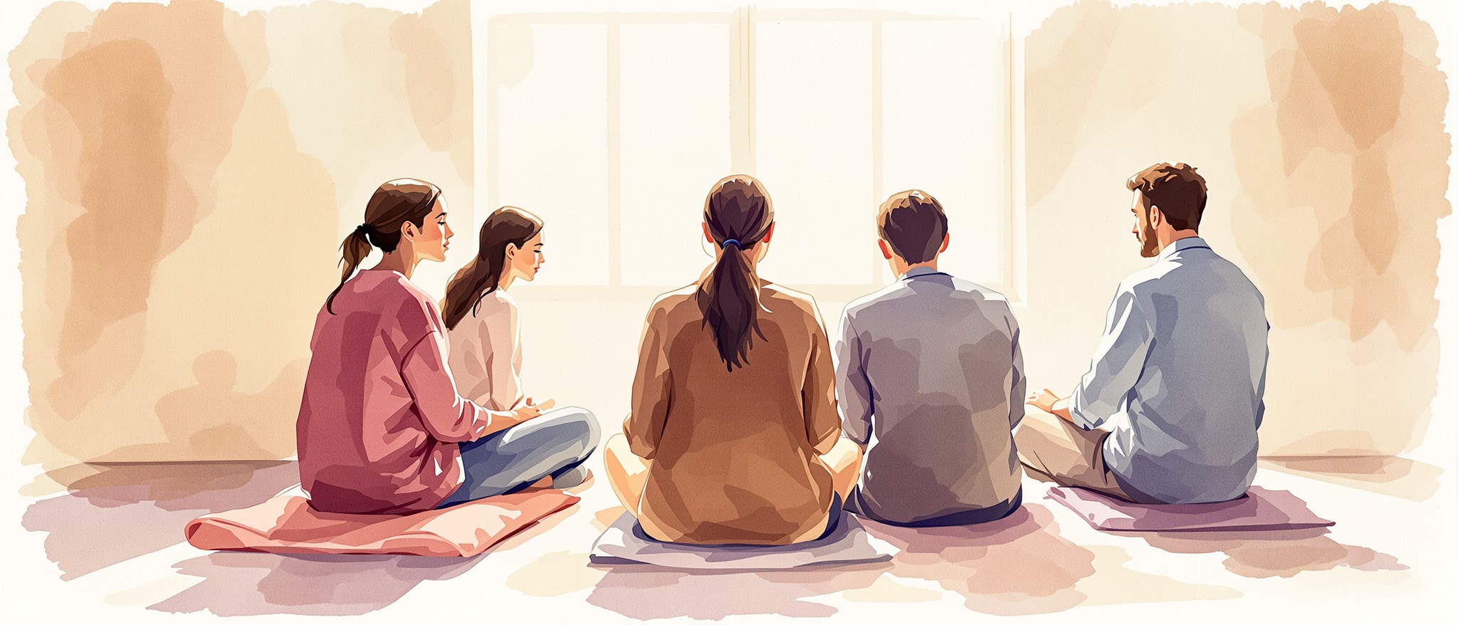 Watercolor of people in a circle, exploring the first chakra in daylight. They are focused, discussing work on fears