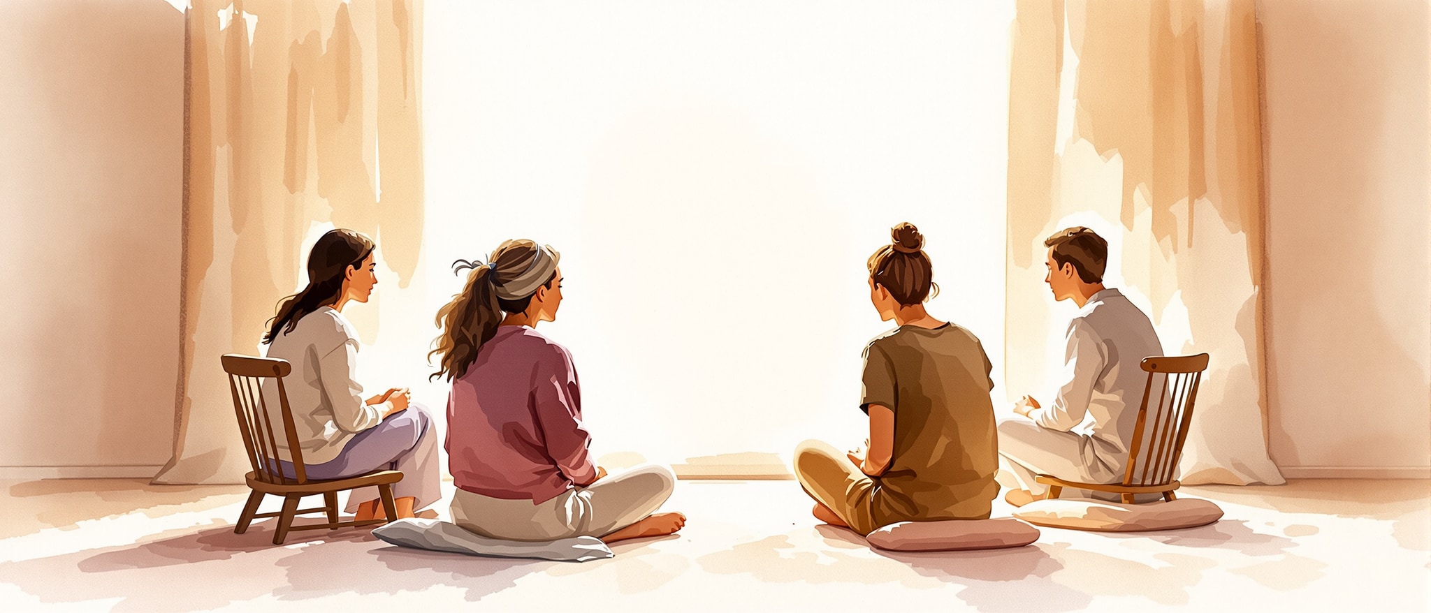 Watercolor illustration of a small group of people sitting in a circle during daylight, representing mindful love and mutual support