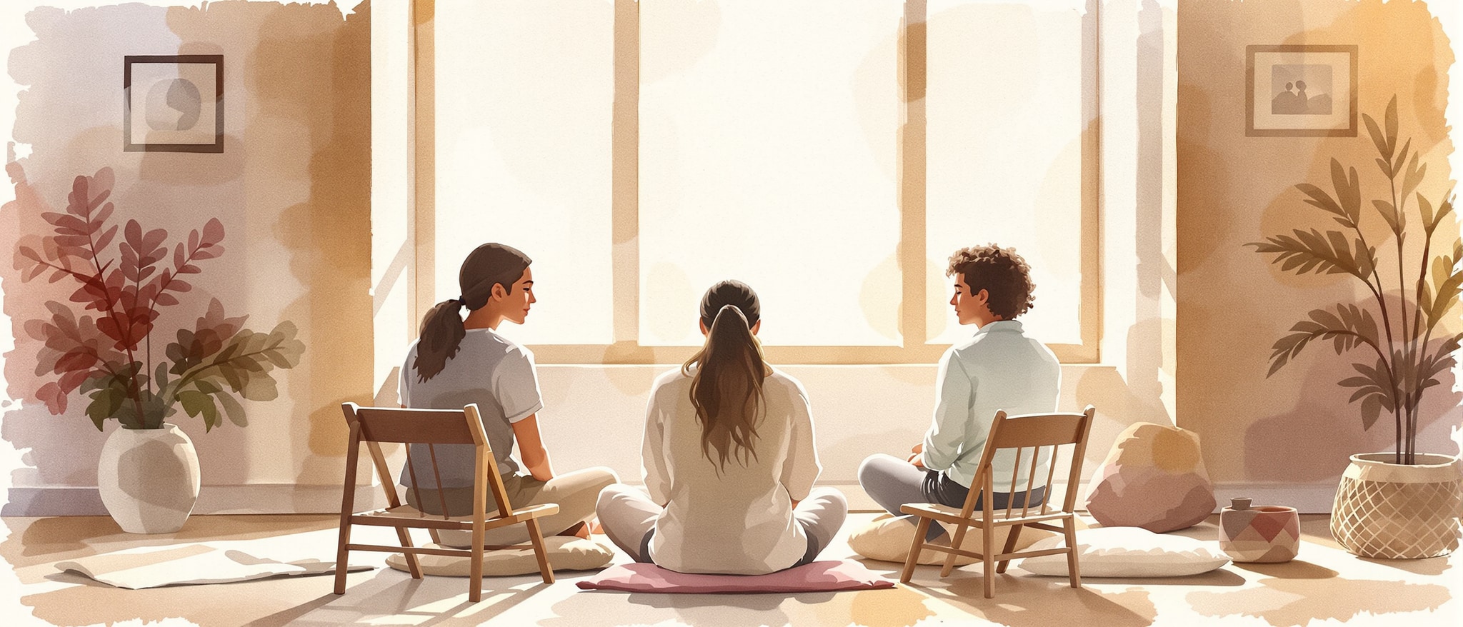 Watercolor showing a group sitting quietly in a circle during daylight, symbolizing support and self-awareness in relationships