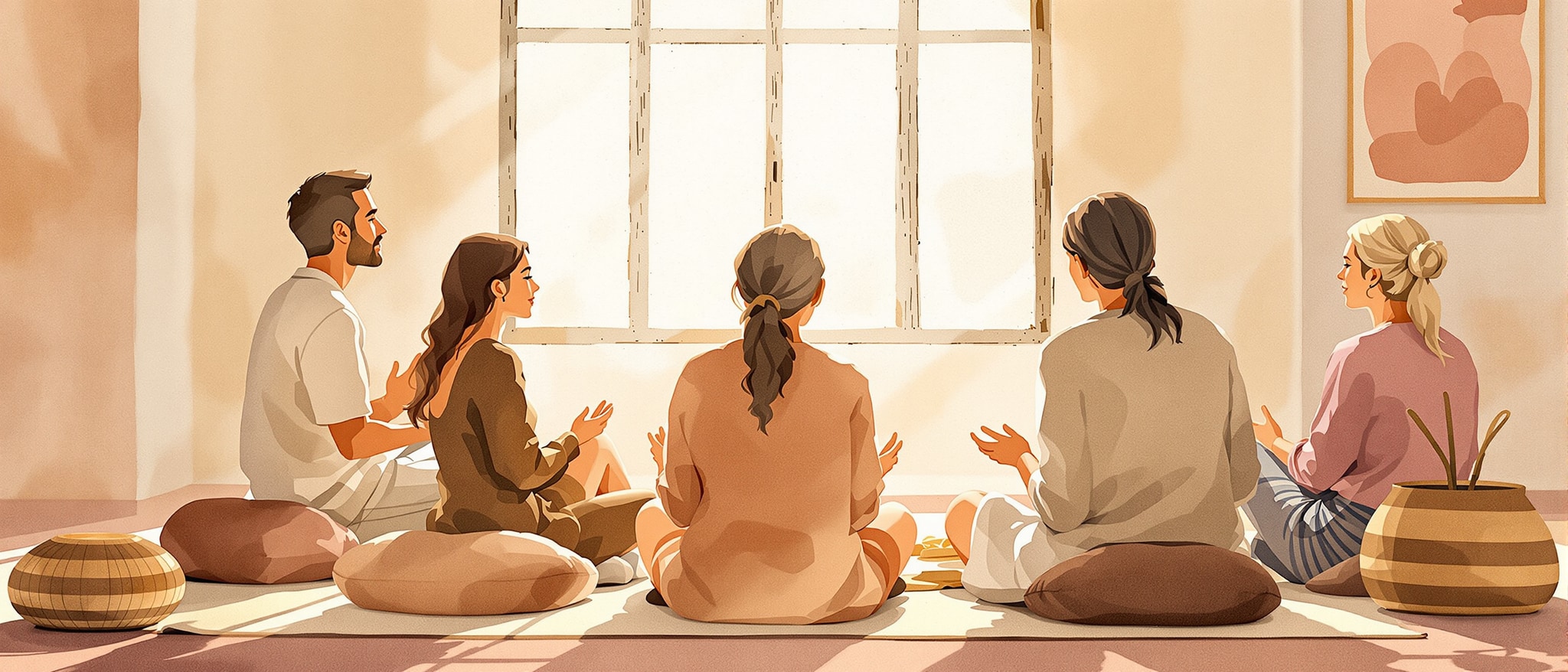 Watercolor of a group sitting in a circle, representing spiritual unity and knowledge exchange about tantra