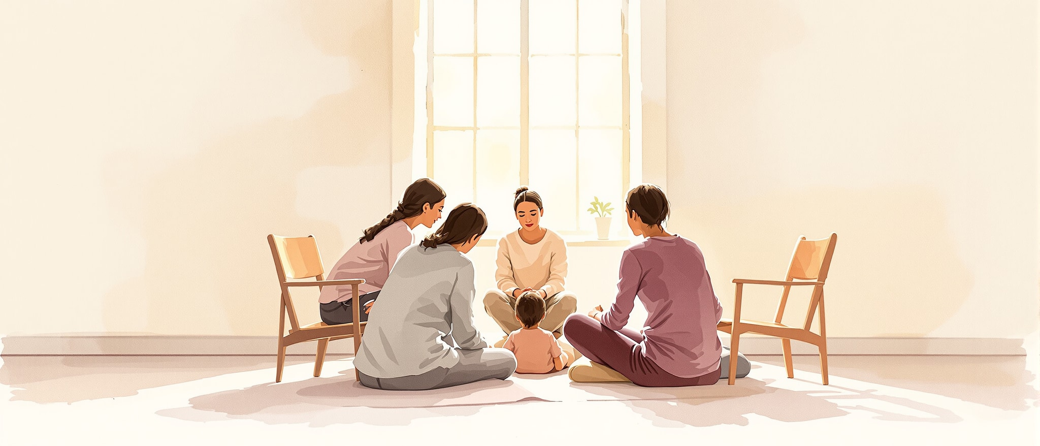 A small group of individuals sits quietly in a circle under daylight, reflecting on ego awareness in a serene setting