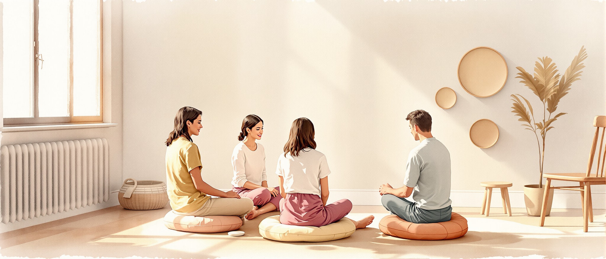 Watercolor illustration of a small group sitting quietly in a circle during daylight, conveying a sense of calm and focus