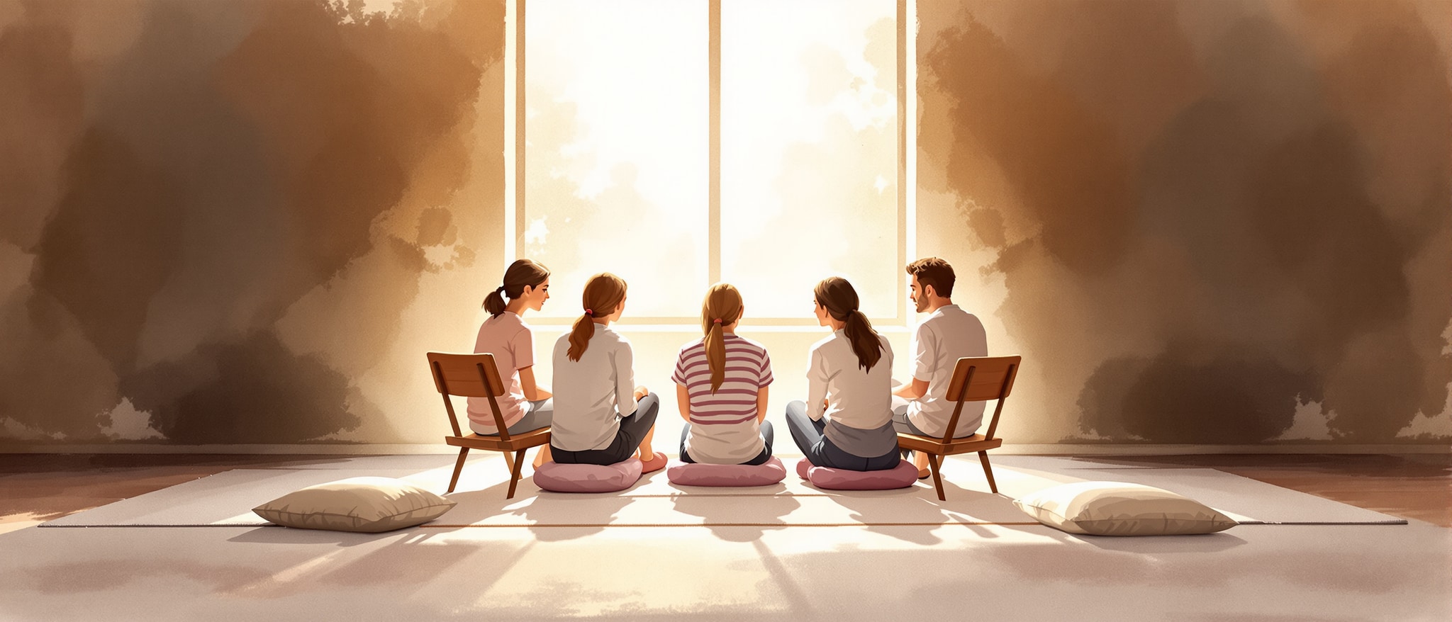 Watercolor of a group sitting quietly in daylight. The article explores Vijnana Bhairava Tantra and its 112 meditation techniques