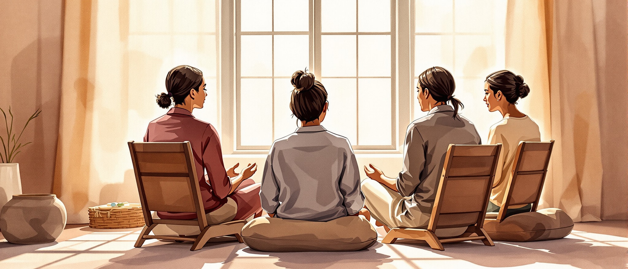 Watercolor illustration of a small group sitting quietly in a circle during daylight, representing exploration of consciousness and mindfulness