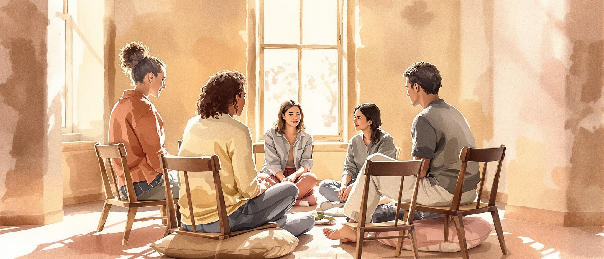 Watercolor illustration of people sitting in a circle during daylight reflects a discussion on love and relationships