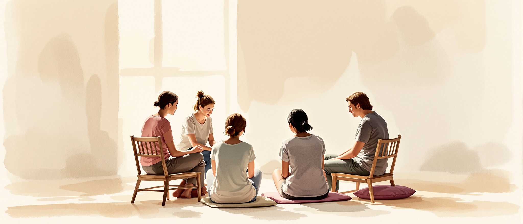 Watercolor illustration of a group of people sitting in a circle, daylight, symbolizing support and awareness of childhood trauma in relationships