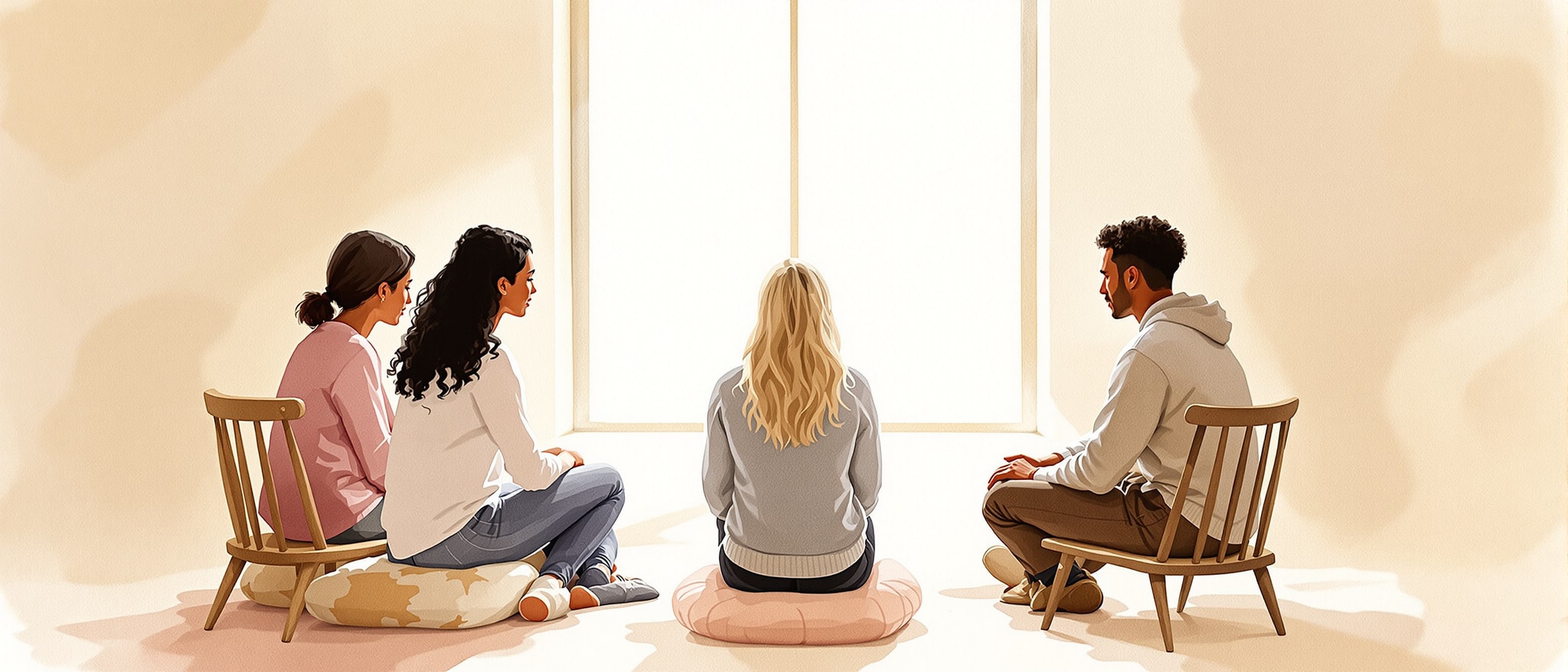 Watercolor illustration of a small group sitting in a quiet circle in daylight, symbolizing inner child therapy and healing mother-child relationships