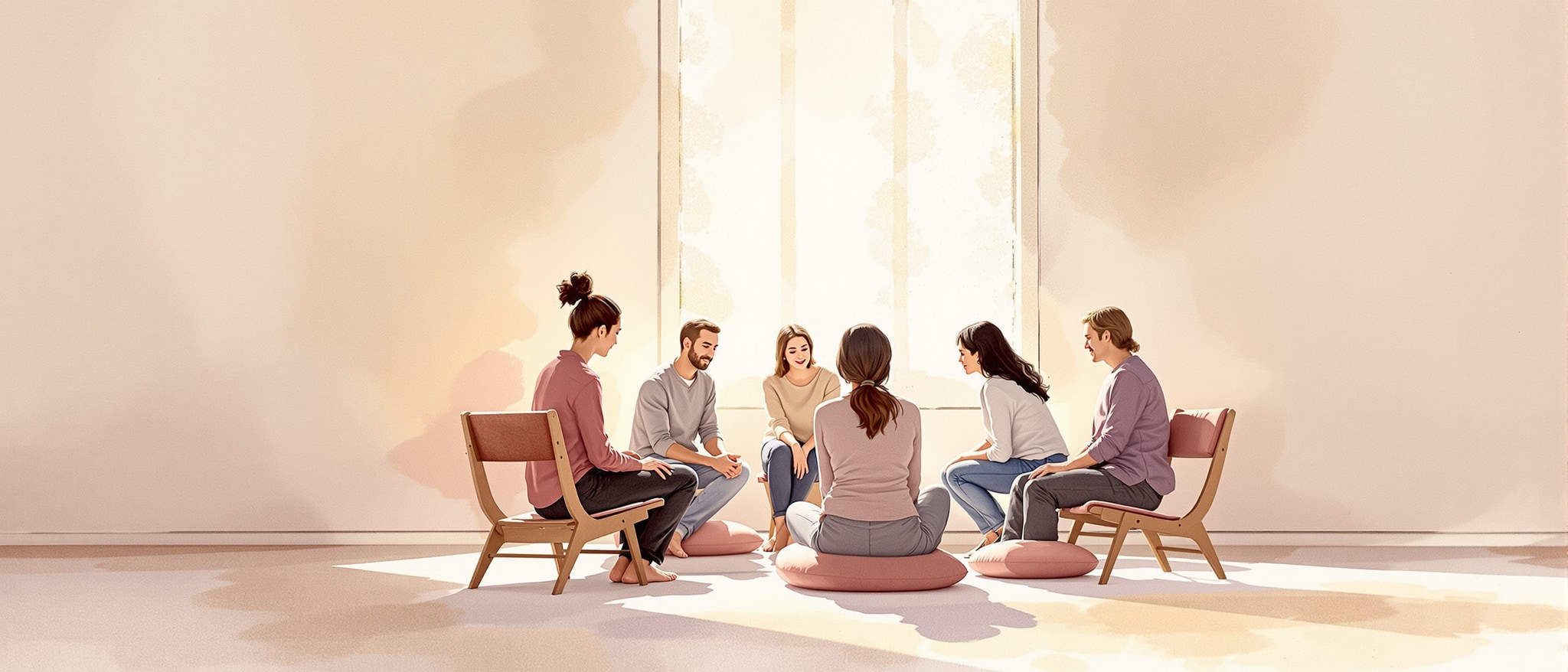 Watercolor illustration depicts a group of people sitting in a circle during daylight, symbolizing a quiet, supportive atmosphere