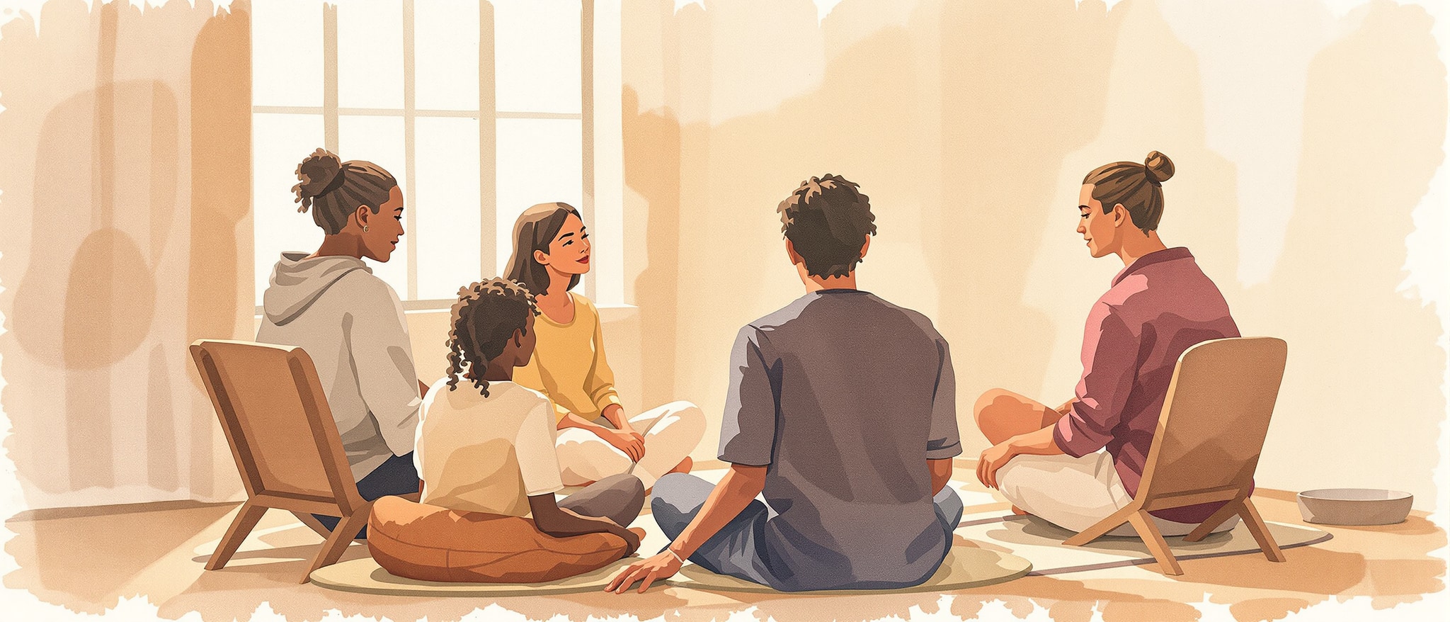 Watercolor illustration of a small group sitting quietly in a circle during daylight, representing the process of child therapy