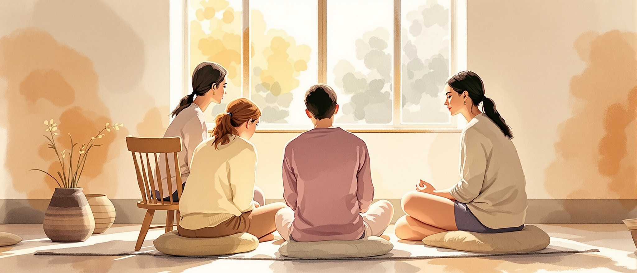 Watercolor illustration of a group sitting quietly in a circle during daylight, capturing the essence of meditation's tranquility and focus