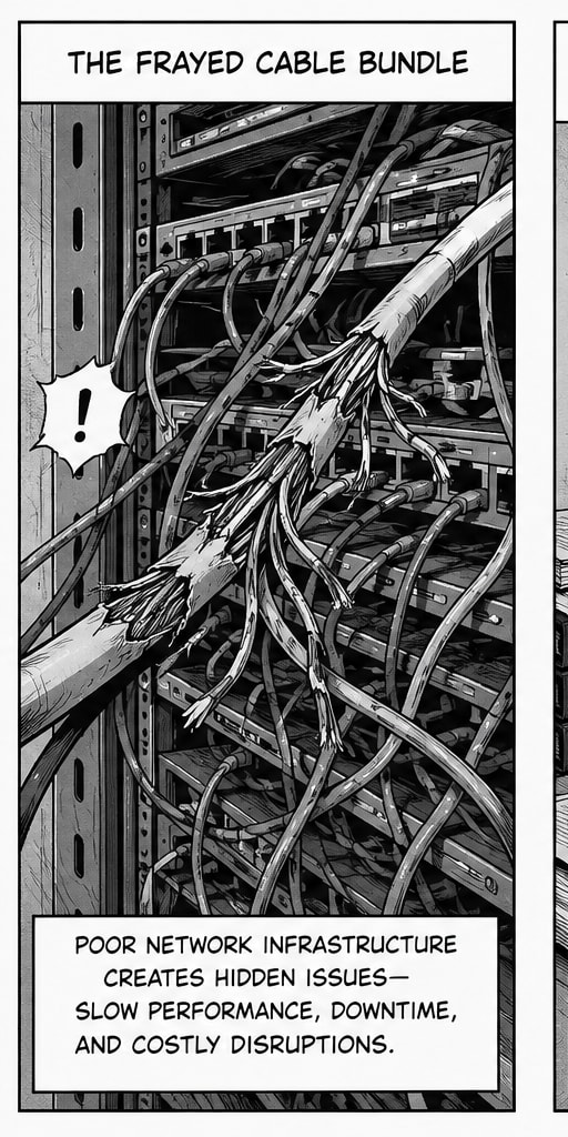 Manga panel of a frayed network cable bundle in a server rack