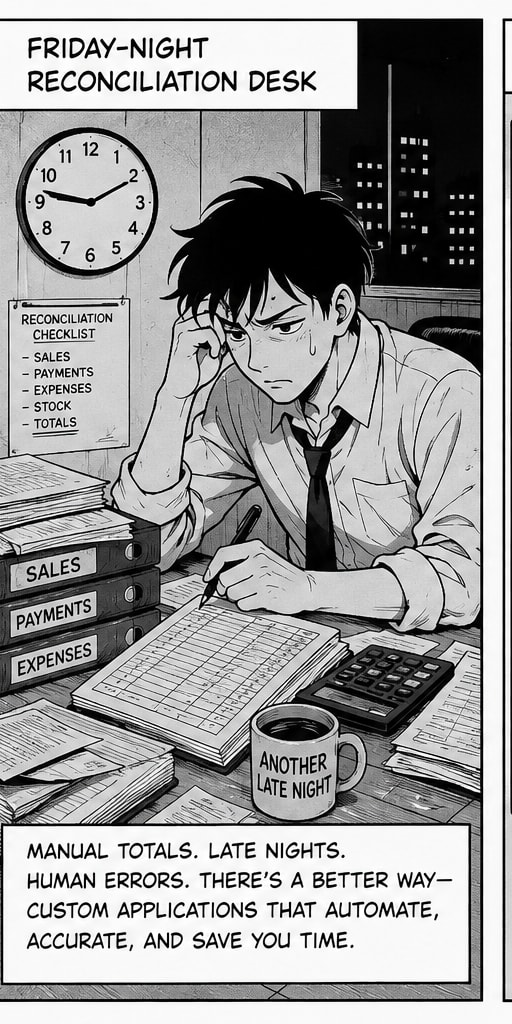 Manga panel of an exhausted administrator reconciling receipts late at night
