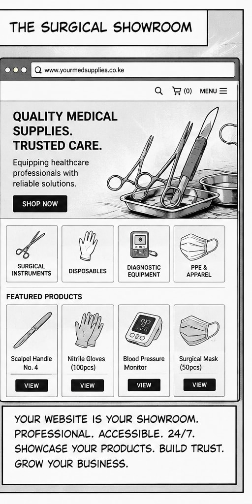 Manga panel of a medical supplies website presented as a digital showroom