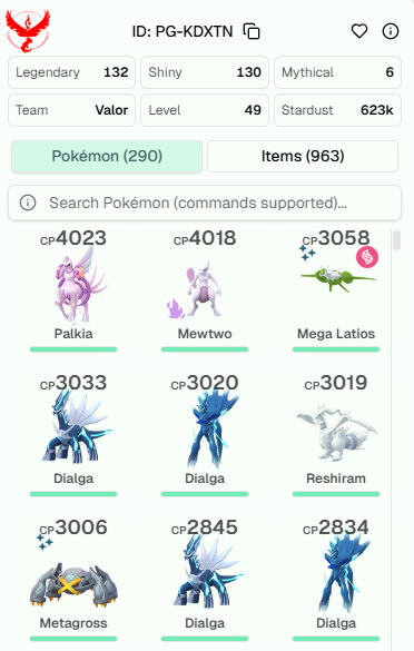 Shiny Galarian Moltres Shadow Mewtwo 4K Origin Palkia 4K Legend:132 Shiny:130 Shiny MEGA Latios Shiny: Zacian