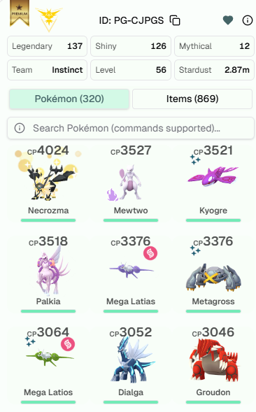 [PS] Lucky Dusk Mane Necrozma 4K Shadow Mewtwo 3.5K Shiny Kyogre 3.5K Legendary: 137 Shiny: 126 8 Shiny Legendary I PG-CJPGS