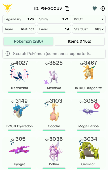 Shiny Dawn Wings Necrozma 4K Shadow Mewtwo 3.5K Legend:126 Shiny:121 IV100 Tornadus Shiny:Kyogre 3K,Groudon IV PG-GQCUV