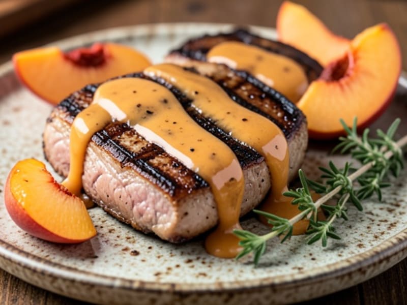 Grilled Bone-In Pork Chops with Peach Bourbon Glaze