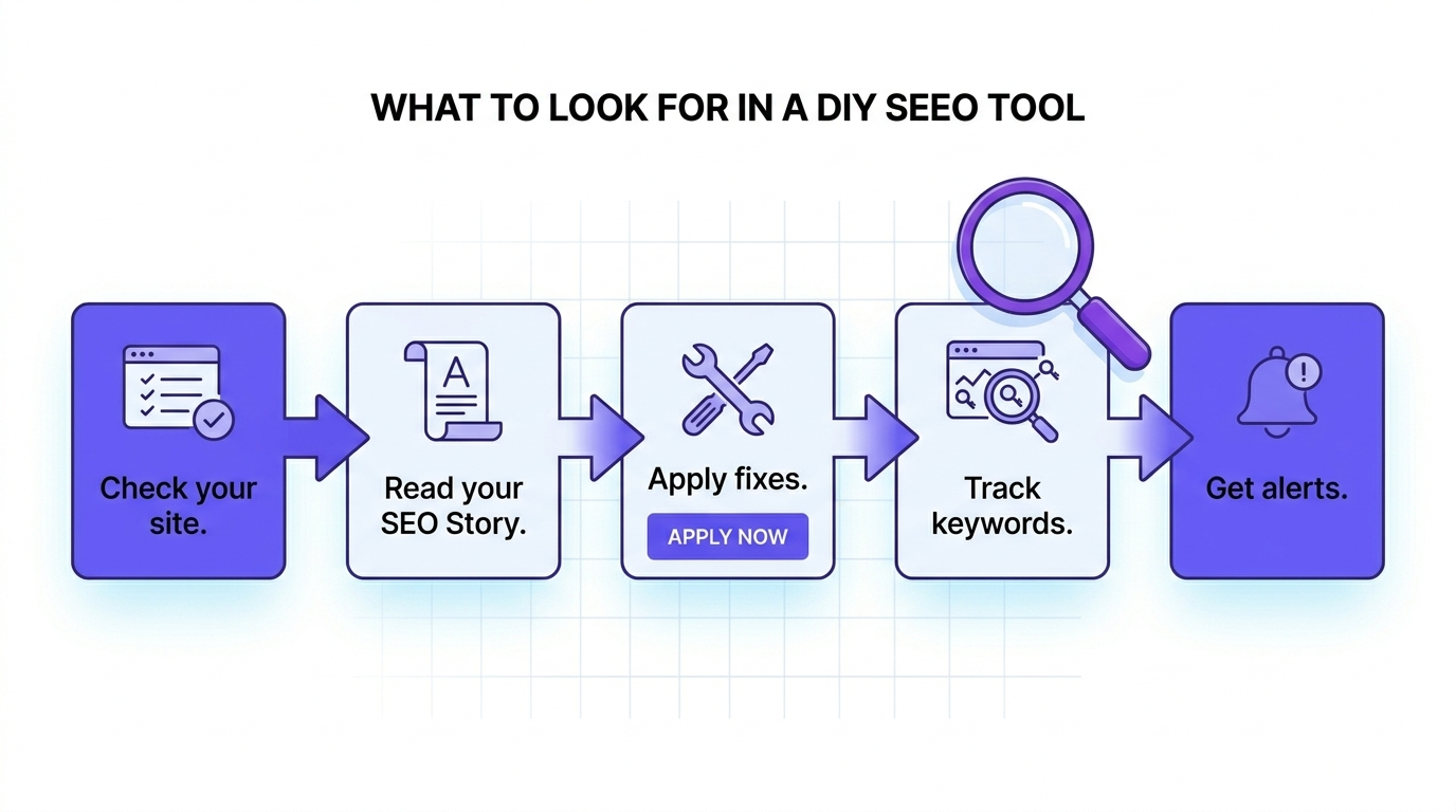 Five-step flow: Check, Read, Fix, Track, Get Alerts